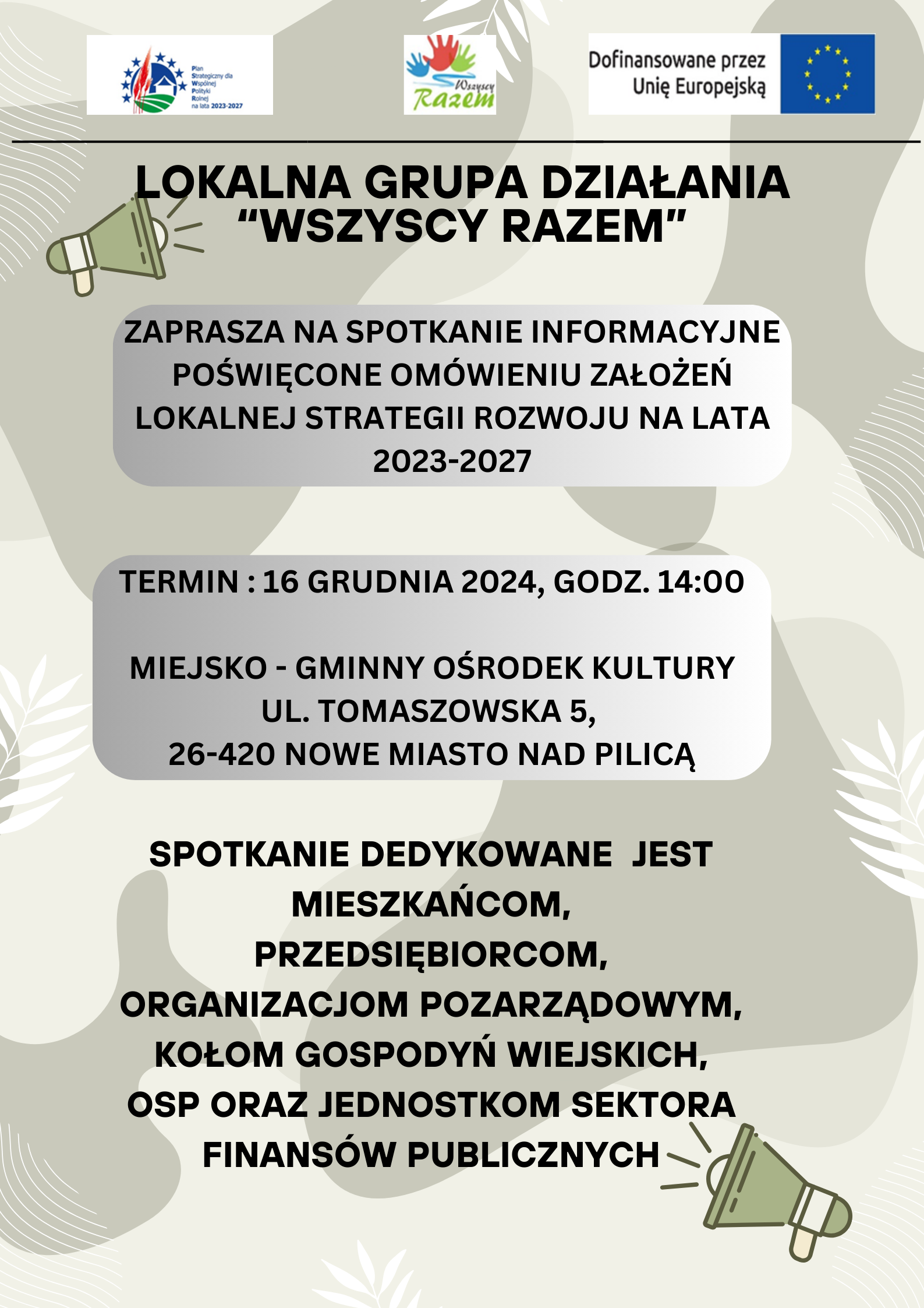 Zaproszenie na spotkanie informacyjne LOKALNA GRUPA DZIAŁANIA WSZYSCY RAZEM 