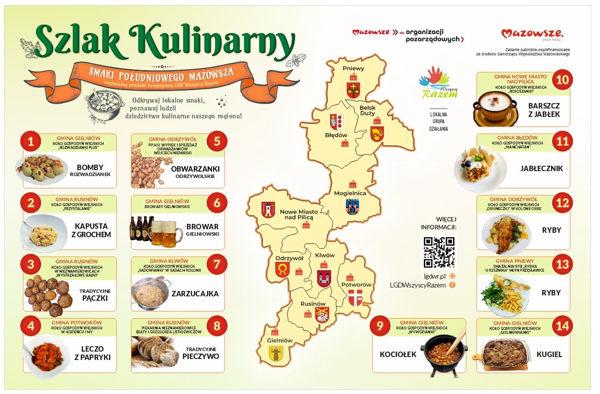 Mapa szlaku kulinarnego Smaki Południowego Mazowsza z 14 lokalnymi produktami i potrawami.
